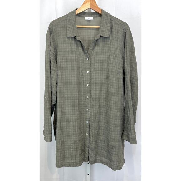 J. JILL Plaid Button Front Tunic Top Roll Tab Long Sleeve Green Size 2X Plus - Picture 1 of 10